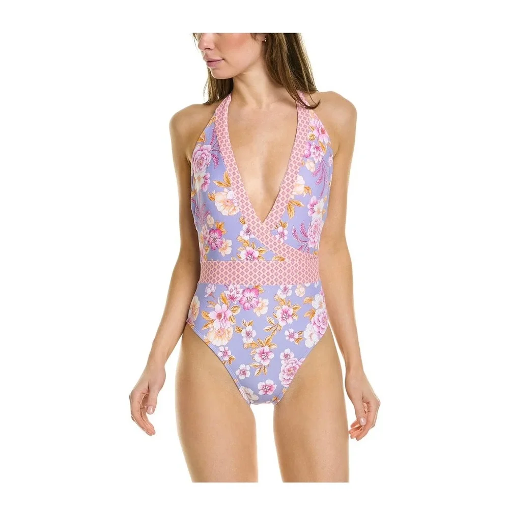 Nanette Lepore Floral Halter One Piece Swimsuit Purple Periwinkle Size 8 - Picture 1 of 8